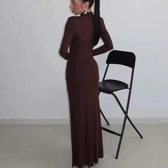 Long Sleeve Cutout Maxi Dress in Dark Brown - Picture 2 of 5